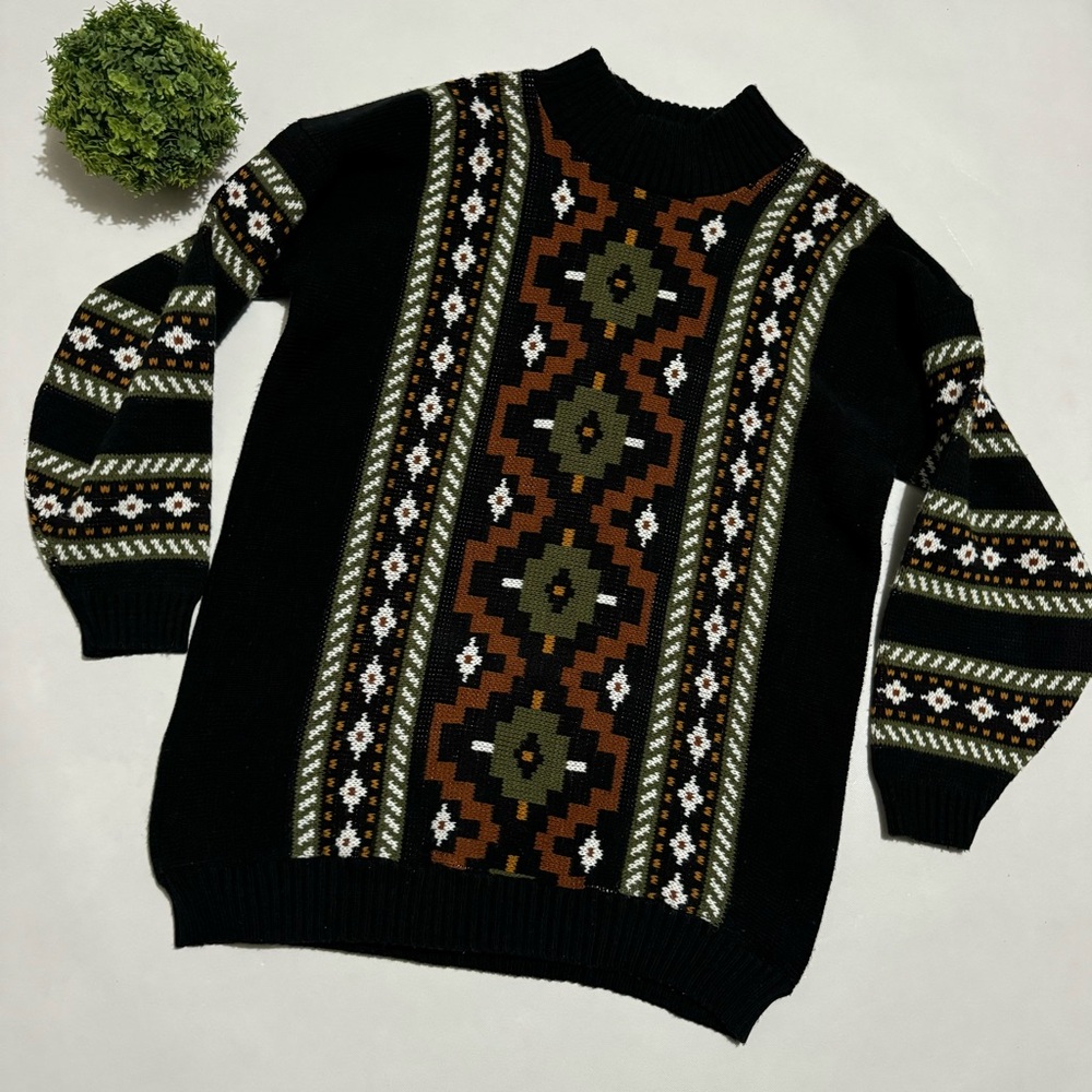 Vintage Cllifton Place 70s Geometric oversizedd Mock Neck Tunic Swester Large‎